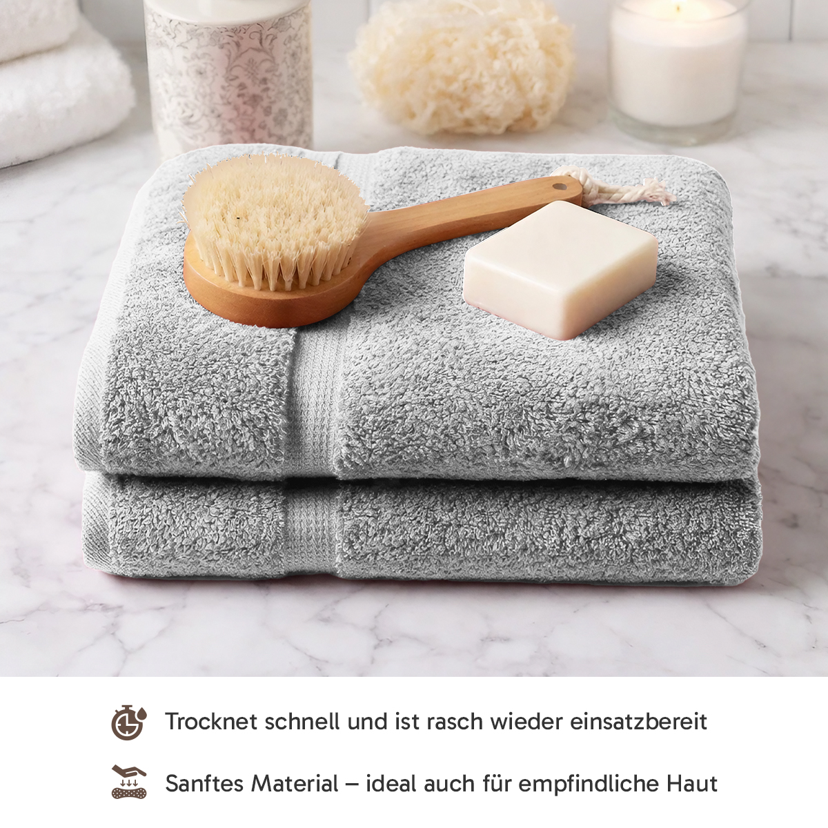 4er Set 2X Handtuch + 2X Duschtuch in Silber | 500g/m² | 100% Baumwolle