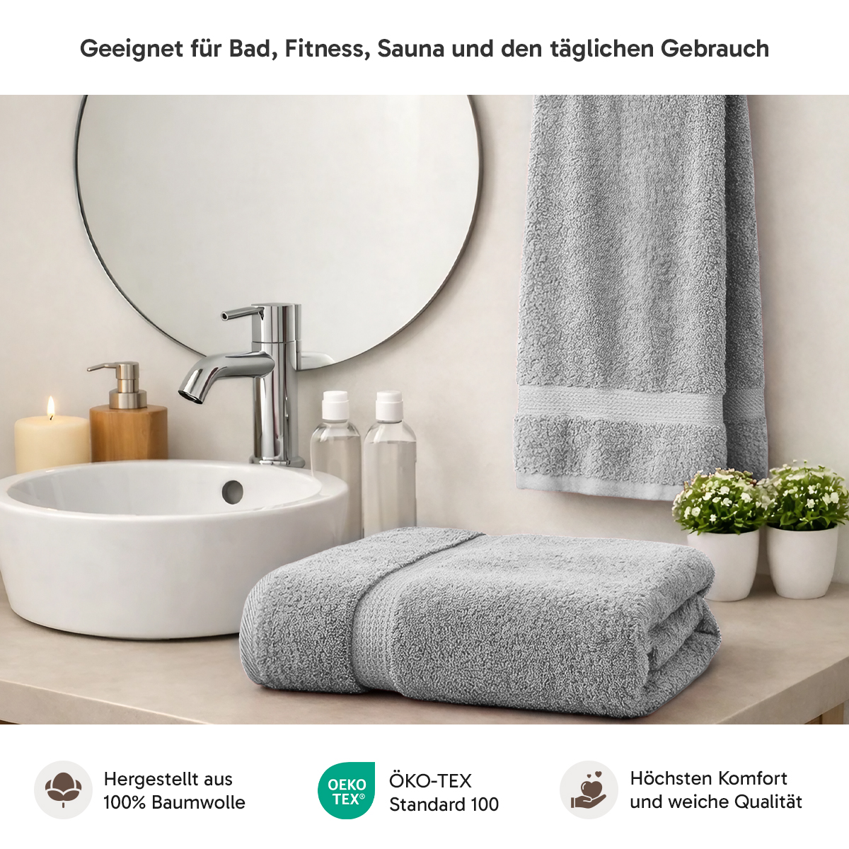 4er Set 2X Handtuch + 2X Duschtuch in Silber | 500g/m² | 100% Baumwolle