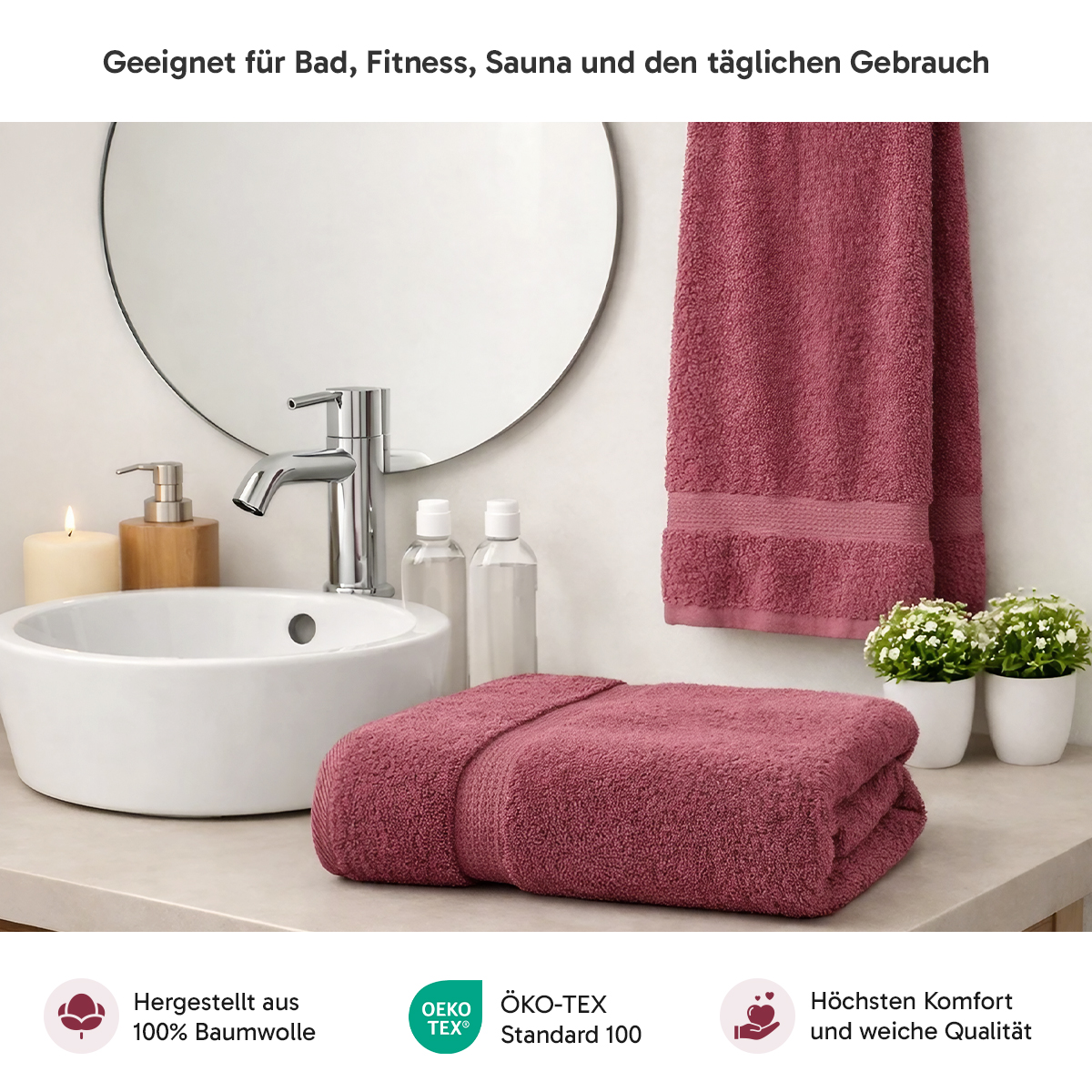 4er Set 2X Handtuch + 2X Duschtuch in Bordeaux | 500g/m² | 100% Baumwolle
