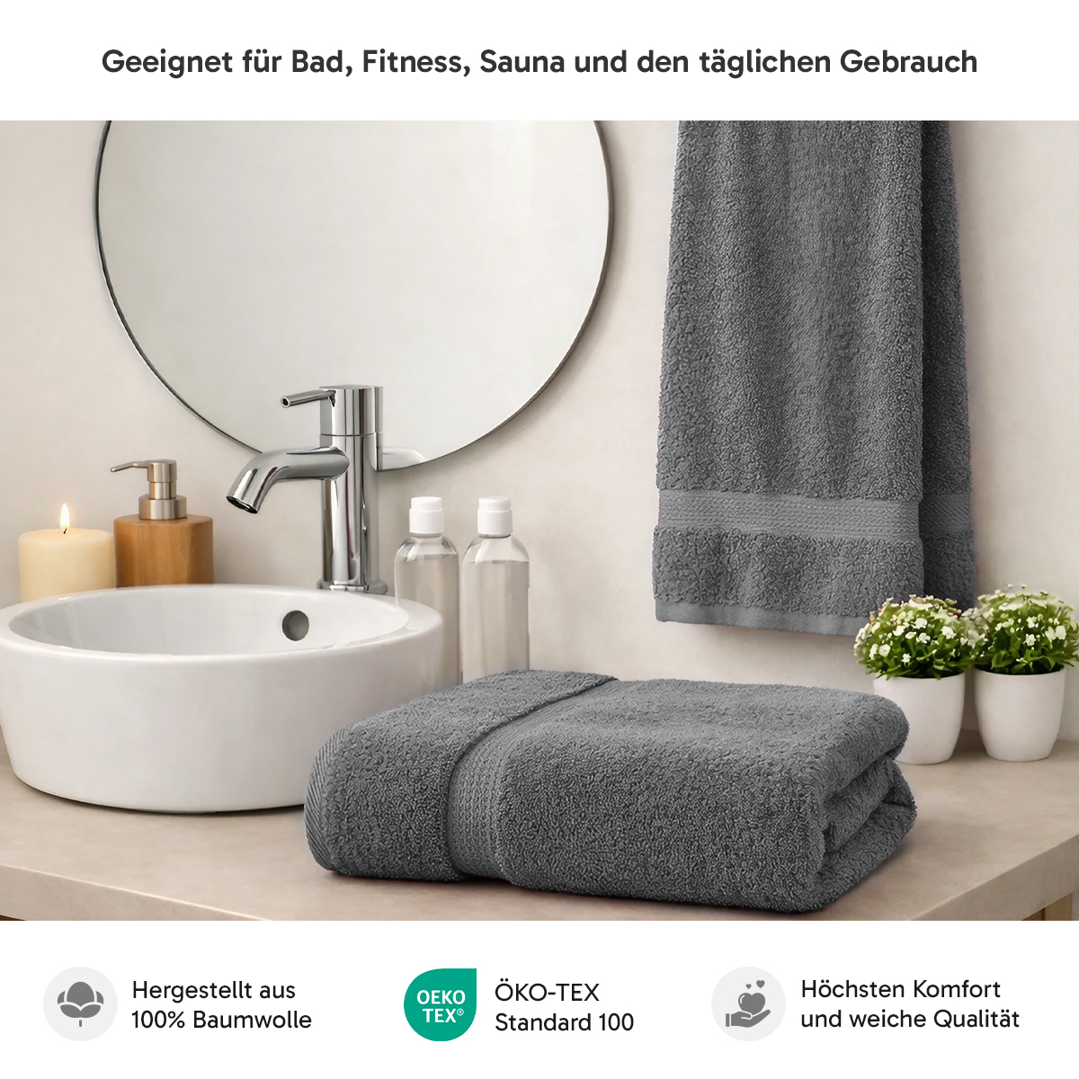 4er Set 2X Handtuch + 2X Duschtuch in Anthrazit | 500g/m² | 100% Baumwolle