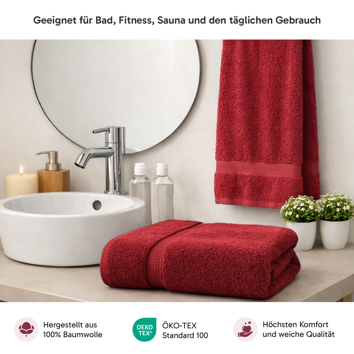 4er Set 2X Handtuch + 2X Duschtuch in Rot | 500g/m² | 100% Baumwolle