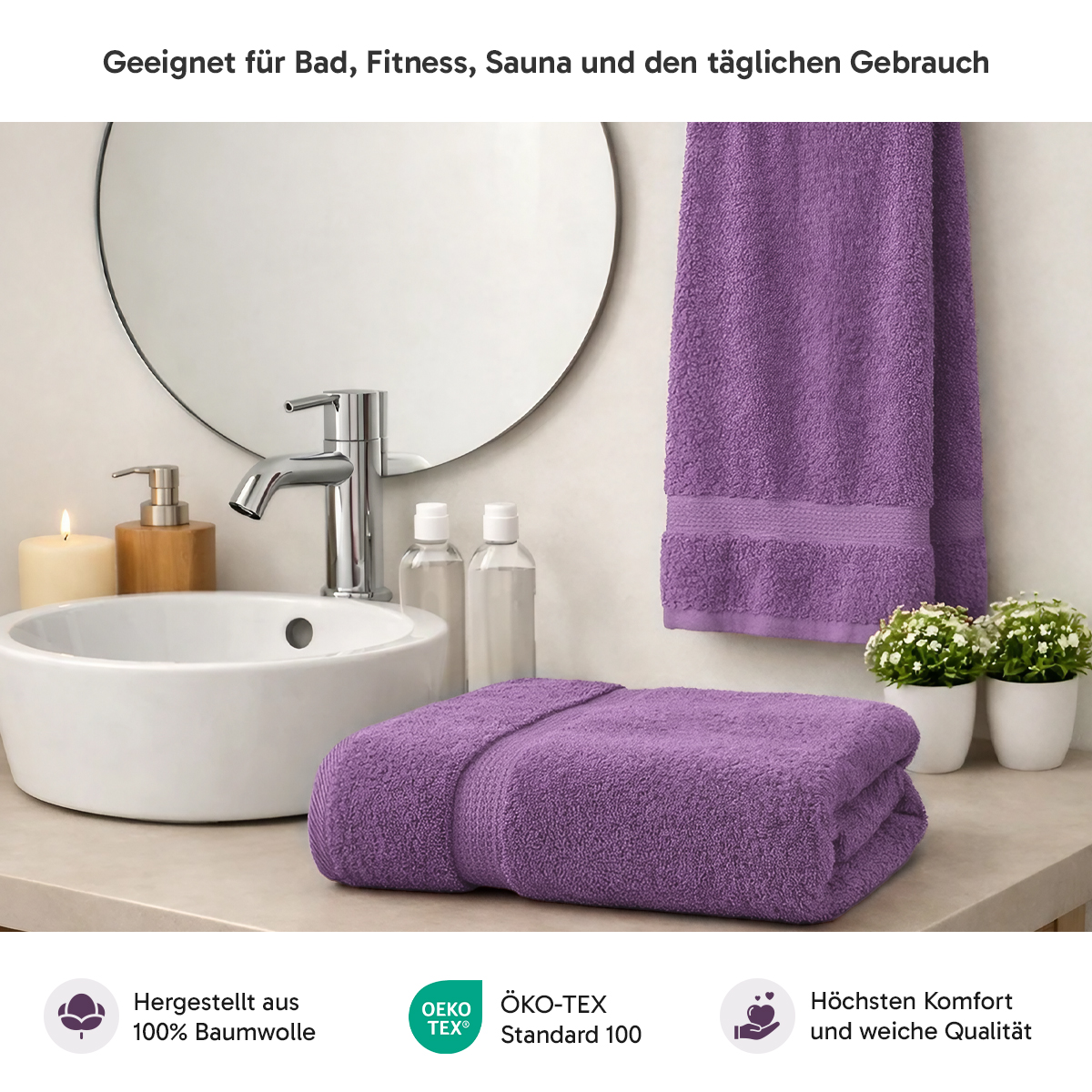 4er Set 2X Handtuch + 2X Duschtuch in Aubergine | 500g/m² | 100% Baumwolle