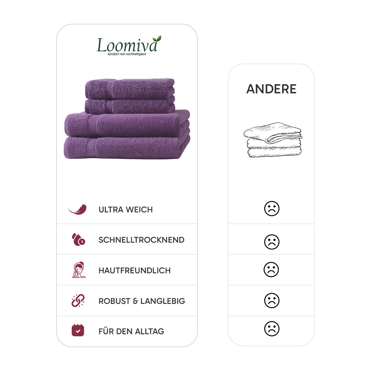 4er Set 2X Handtuch + 2X Duschtuch in Aubergine | 500g/m² | 100% Baumwolle