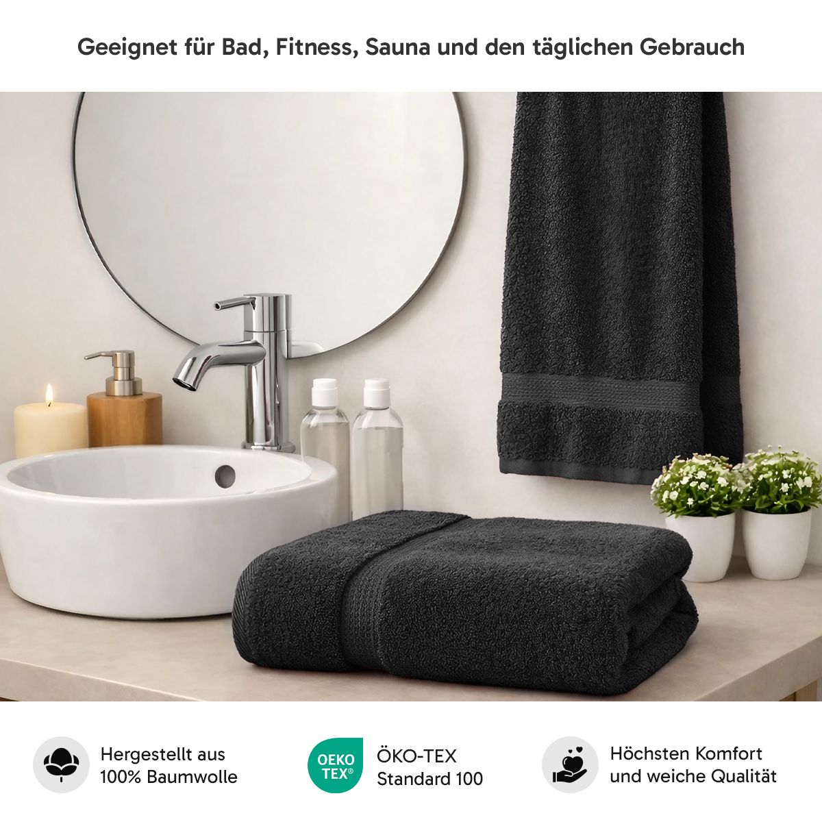 Loomiva Frottier Set 4x Handtuch + 2X Duschtuch | 500g/m² | 100% Baumwolle | Extra Weich | Öko-TEX Standard 100 | Schwarz