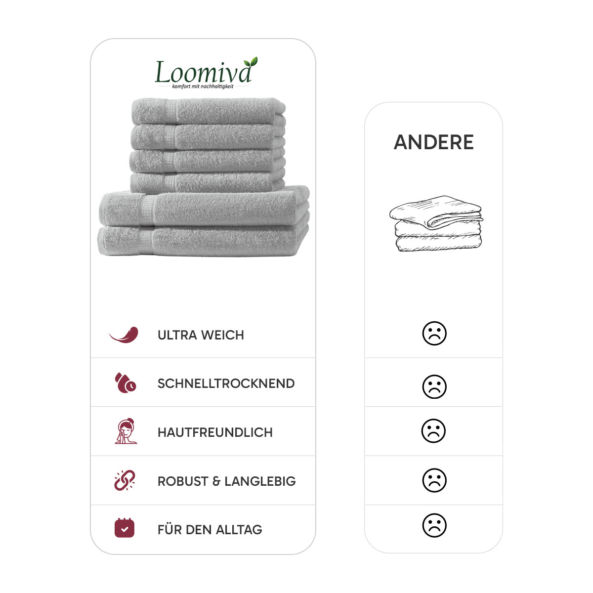 Loomiva Frottier Set 4x Handtuch + 2X Duschtuch | 500g/m² | 100% Baumwolle | Extra Weich | Öko-TEX Standard 100 | Silber