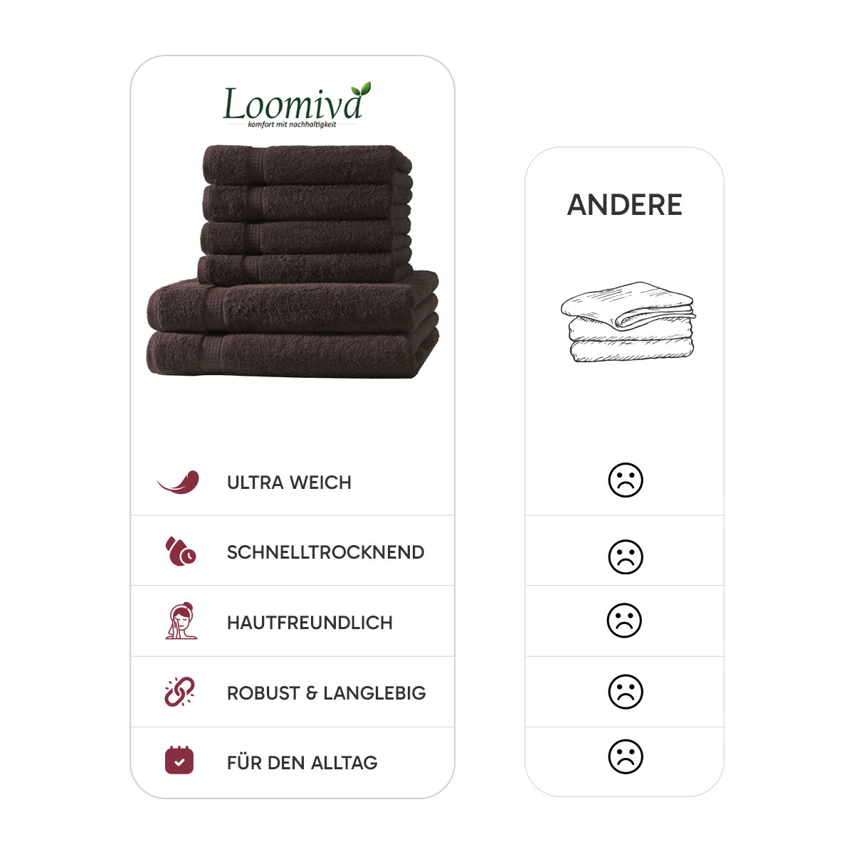 Loomiva Frottier Set 4x Handtuch + 2X Duschtuch | 500g/m² | 100% Baumwolle | Extra Weich | Öko-TEX Standard 100 | Kaffeebraun