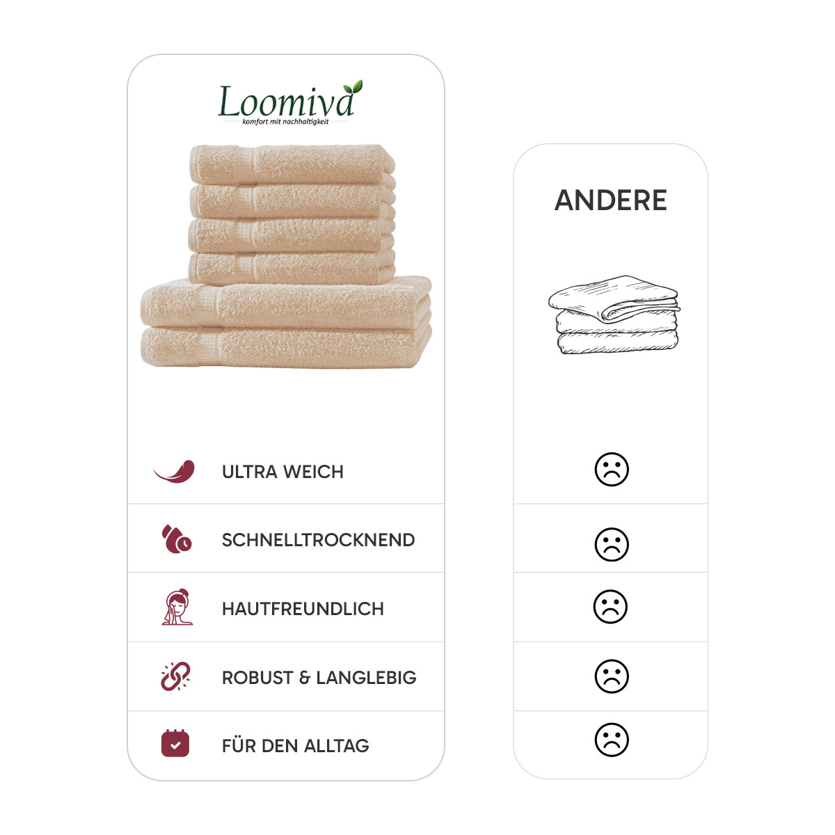 Loomiva Frottier Set 4x Handtuch + 2X Duschtuch | 500g/m² | 100% Baumwolle | Extra Weich | Öko-TEX Standard 100 | Beige