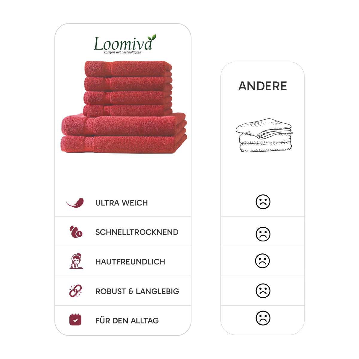 Loomiva Frottier Set 4x Handtuch + 2X Duschtuch | 500g/m² | 100% Baumwolle | Extra Weich | Öko-TEX Standard 100 | Rot