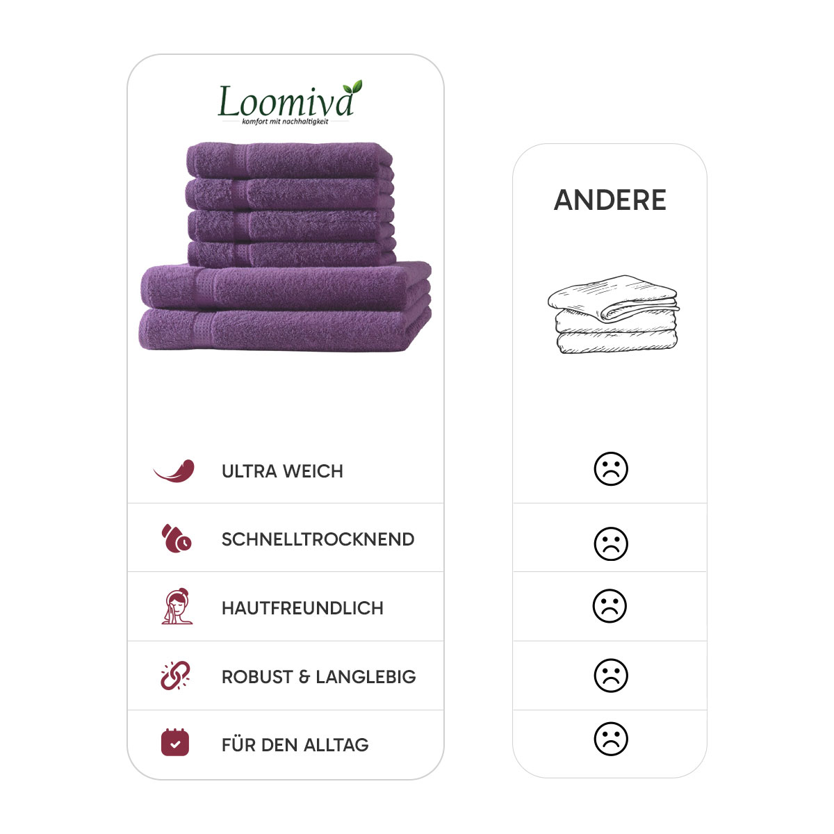 Loomiva Frottier Set 4x Handtuch + 2X Duschtuch | 500g/m² | 100% Baumwolle | Extra Weich | Öko-TEX Standard 100 | Aubergine
