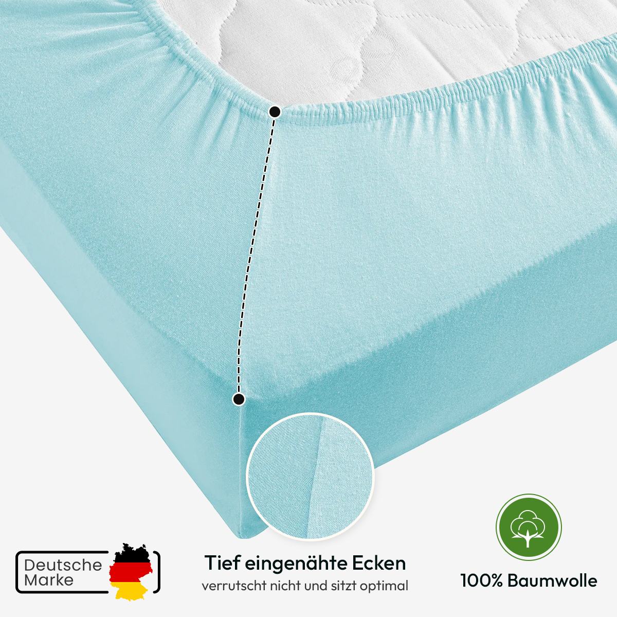 Jersey Spannbettlaken 140gsm in große 90-100x200+30 cm | Aqua / Lagune Farbe