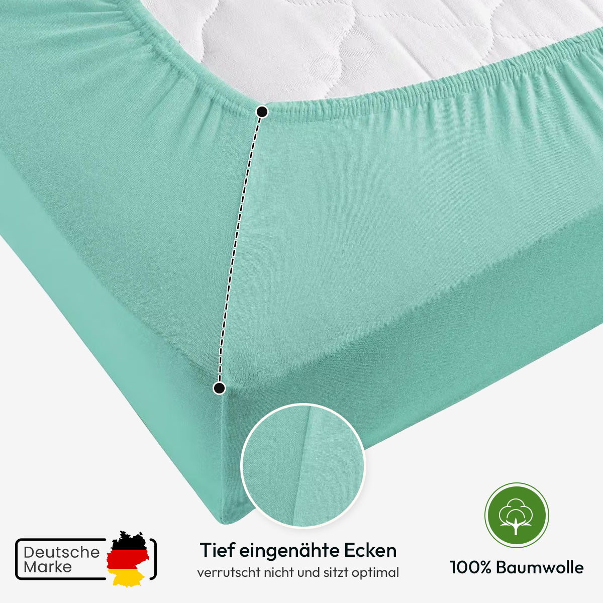 Jersey Spannbettlaken 140gsm in große 90-100x200+30 cm | Mint Farbe