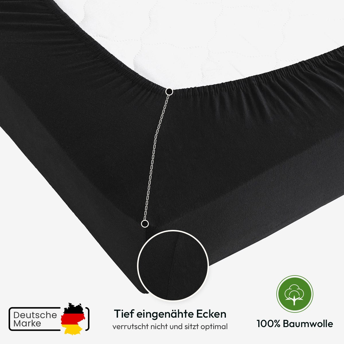 Jersey Spannbettlaken 140gsm in große 90-100x200+30 cm | Schwarz Farbe