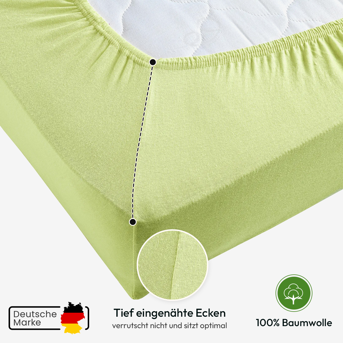 Jersey Spannbettlaken 140gsm in große 180-200x200+30 cm | Apfelgruen / Kiwi Farbe
